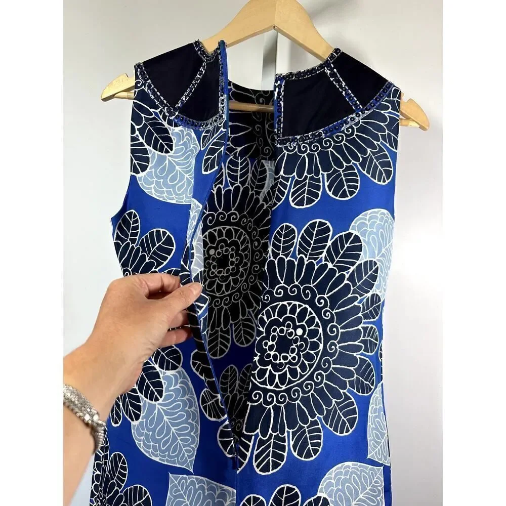 TORY BURCH Women's Silk Beaded Floral Sleeveless Shift Dress Blue Size 4